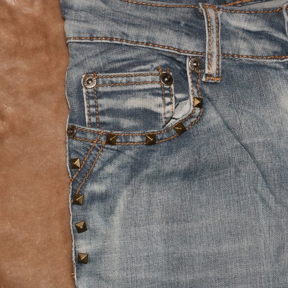 Exocet Distressed Camouflage Blue Jeans - Pyramid Stud Embellished w27x29 inseam - Picture 7 of 13